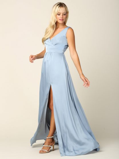 3423 | Sleeveless V-Neck Satin Gown W/ Front Slit And Corset Back - Image 9