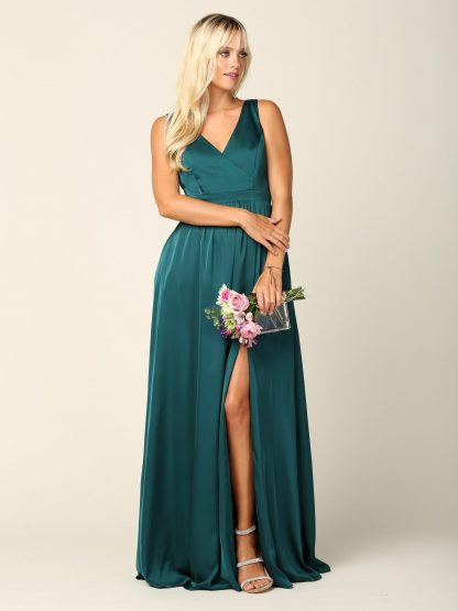 3423 | Sleeveless V-Neck Satin Gown W/ Front Slit And Corset Back - Image 4