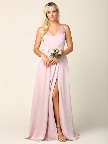 3423 | Sleeveless V-Neck Satin Gown W/ Front Slit And Corset Back - Image 11
