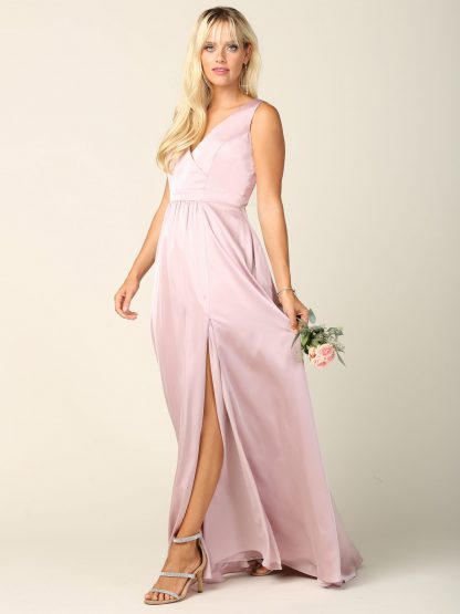 3423 | Sleeveless V-Neck Satin Gown W/ Front Slit And Corset Back - Image 12