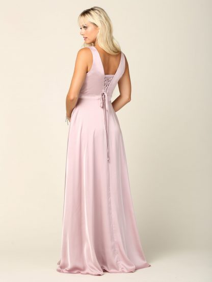 3423 | Sleeveless V-Neck Satin Gown W/ Front Slit And Corset Back - Image 14