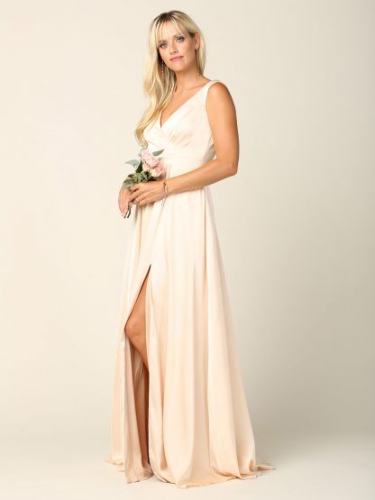 3423 | Sleeveless V-Neck Satin Gown W/ Front Slit And Corset Back - Image 16