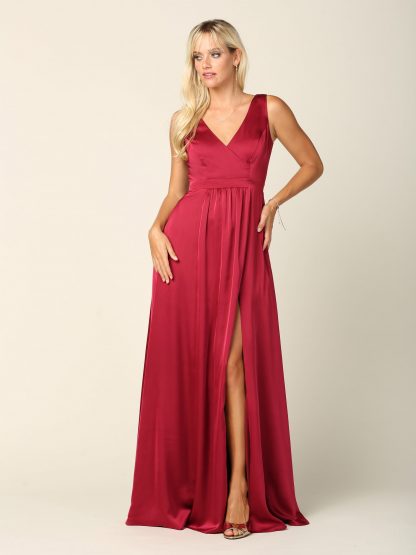 3423 | Sleeveless V-Neck Satin Gown W/ Front Slit And Corset Back - Image 17