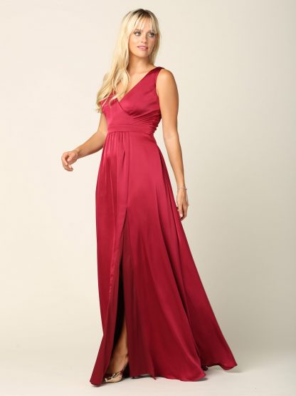 3423 | Sleeveless V-Neck Satin Gown W/ Front Slit And Corset Back - Image 19