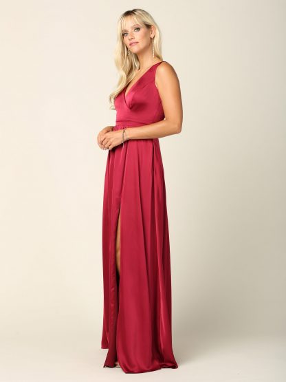 3423 | Sleeveless V-Neck Satin Gown W/ Front Slit And Corset Back - Image 20