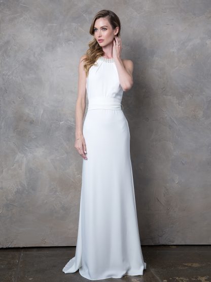 3408 - Beaded Halter Sleeveless Wedding Gown With Waist Tie - Image 2