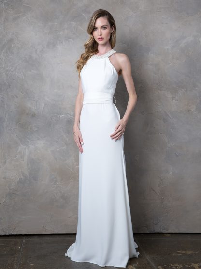 3408 - Beaded Halter Sleeveless Wedding Gown With Waist Tie