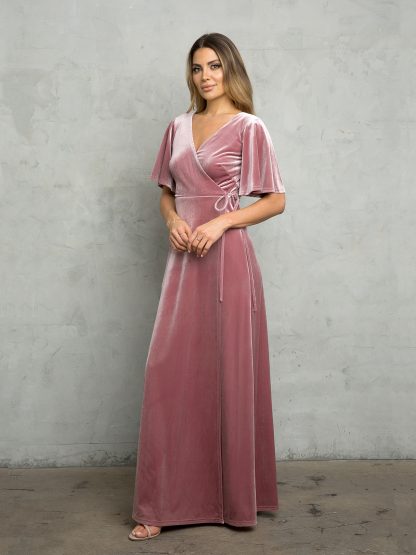 3432 |Flutter Half Sleeve Velvet Wrap Gown with Back Zipper