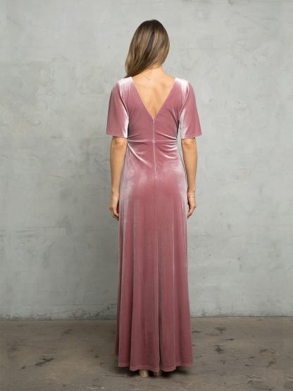 3432 |Flutter Half Sleeve Velvet Wrap Gown with Back Zipper - Image 2