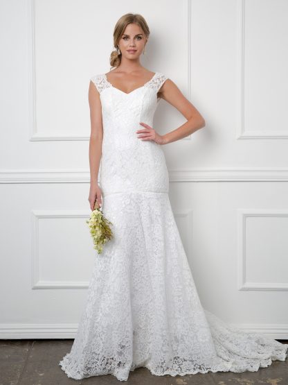 3416 | Sleeveless Fit and Flare Lace Wedding Gown With Train & Deep V-Back Details With Back Zipper