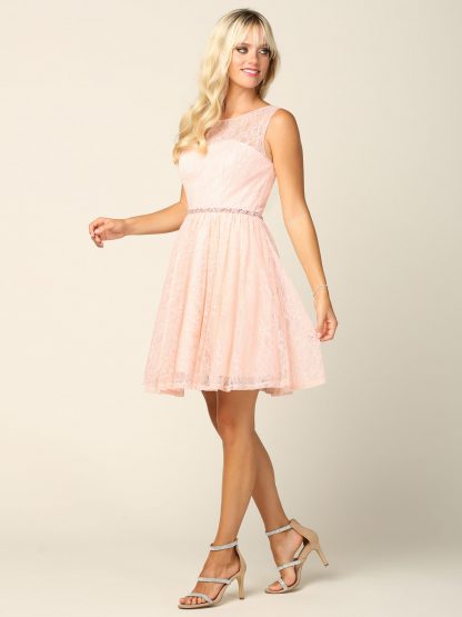 3425 | Sleeveless Lace Cocktail Mini Dress With Monochrome Beaded Stone Attached Belt - Image 4