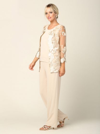 3426 | 3-piece Pebble Georgette Pant Set With 3/4 Sleeve Lace Jacket And Tank With Back Zipper - Image 5