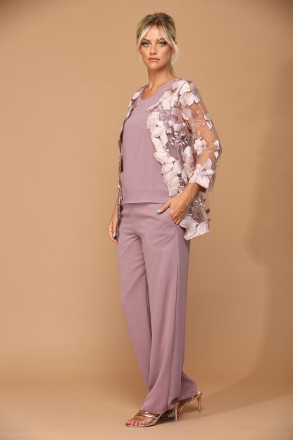 3426 | 3-piece Pebble Georgette Pant Set With 3/4 Sleeve Lace Jacket And Tank With Back Zipper - Image 3