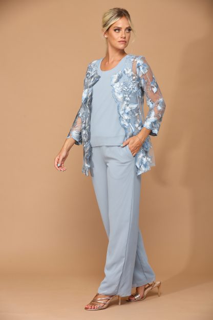 3426 | 3-piece Pebble Georgette Pant Set With 3/4 Sleeve Lace Jacket And Tank With Back Zipper - Image 4