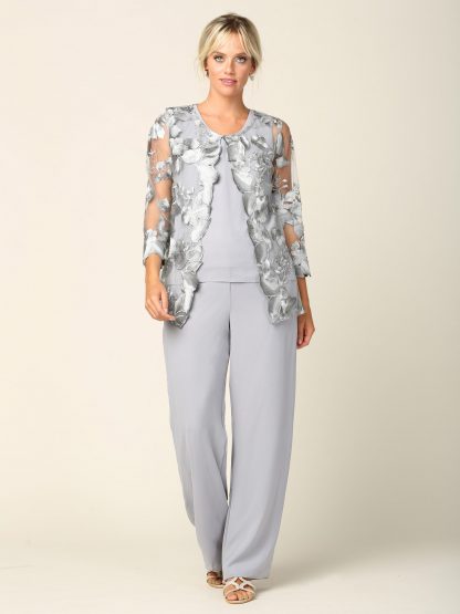 3426 | 3-piece Pebble Georgette Pant Set With 3/4 Sleeve Lace Jacket And Tank With Back Zipper - Image 8