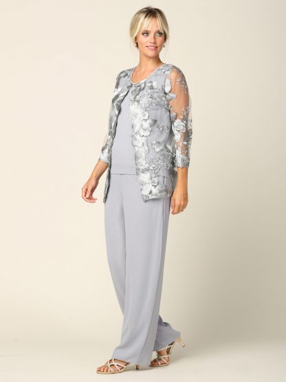 3426 | 3-piece Pebble Georgette Pant Set With 3/4 Sleeve Lace Jacket And Tank With Back Zipper - Image 9