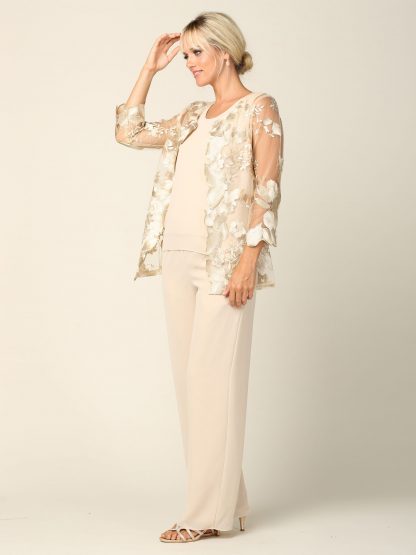 3426 | 3-piece Pebble Georgette Pant Set With 3/4 Sleeve Lace Jacket And Tank With Back Zipper - Image 6