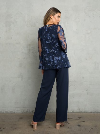 3426 | 3-piece Pebble Georgette Pant Set With 3/4 Sleeve Lace Jacket And Tank With Back Zipper - Image 2