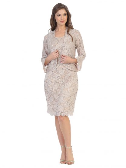 3347 - Knee Length 2-Piece Lace Dress Set With Jacket - Image 7