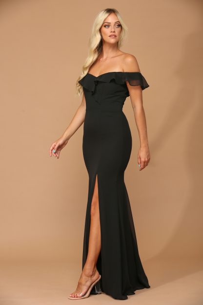 3438 | Off shoulder flutter detail chiffon gown with front slit - Image 8