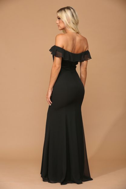 3438 | Off shoulder flutter detail chiffon gown with front slit - Image 9