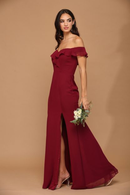 3438 | Off shoulder flutter detail chiffon gown with front slit - Image 11