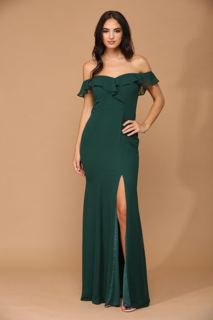 3438 | Off shoulder flutter detail chiffon gown with front slit - Image 19