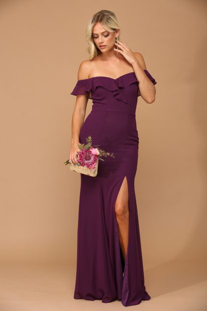 3438 | Off shoulder flutter detail chiffon gown with front slit - Image 6
