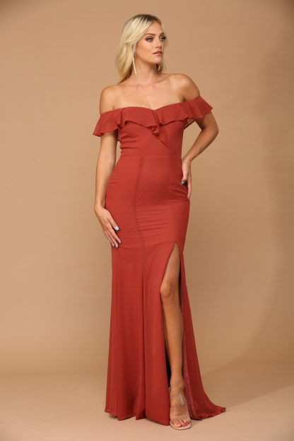 3438 | Off shoulder flutter detail chiffon gown with front slit - Image 20