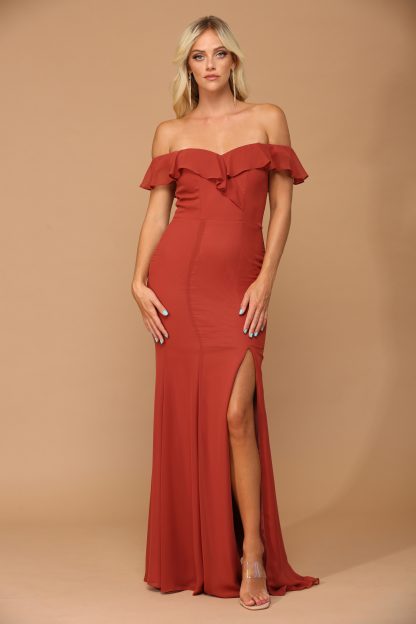 3438 | Off shoulder flutter detail chiffon gown with front slit - Image 22
