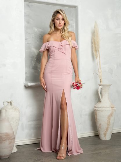 3438 | Off shoulder flutter detail chiffon gown with front slit
