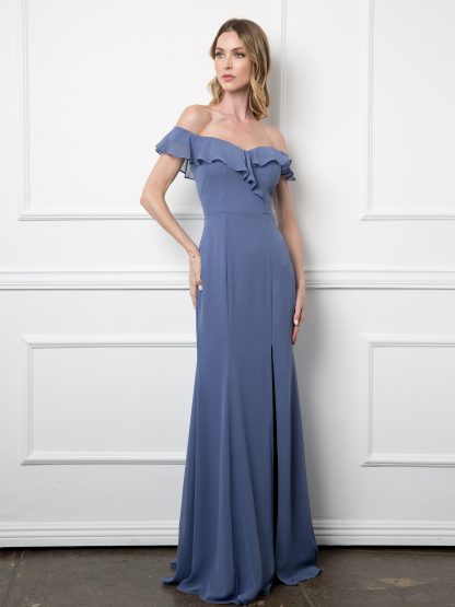 3438 | Off shoulder flutter detail chiffon gown with front slit - Image 4