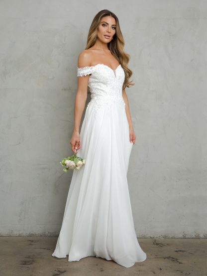 5239 - Off Shoulder Lace And Chiffon Gown With Corset Back
