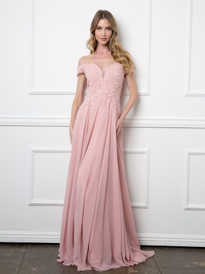 5239 - Off Shoulder Lace And Chiffon Gown With Corset Back - Image 4