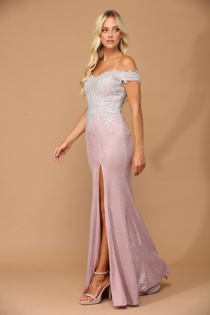 5242 - EMBROIDERED OFF SHOULDER METALLIC DRESS W FRONT SLIT - Image 4