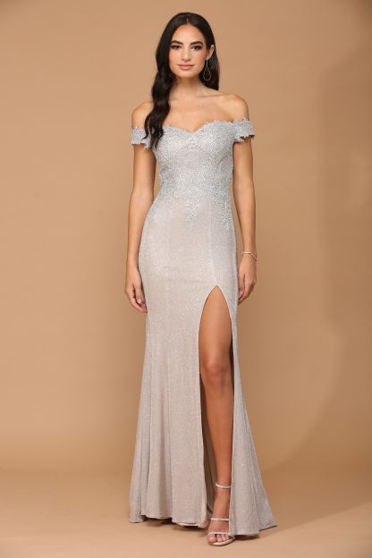 5242 - EMBROIDERED OFF SHOULDER METALLIC DRESS W FRONT SLIT - Image 9