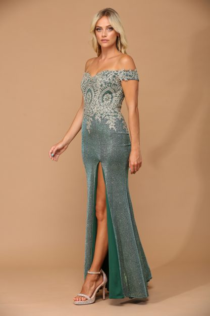 5242 - EMBROIDERED OFF SHOULDER METALLIC DRESS W FRONT SLIT - Image 6