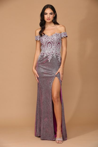 5242 - EMBROIDERED OFF SHOULDER METALLIC DRESS W FRONT SLIT - Image 7