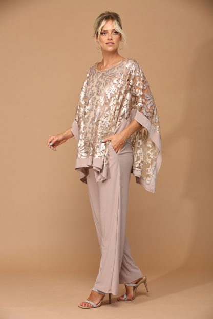 3443 - STRETCH JERSEY PANT SET WITH SEQUIN CAPE OVERLAY W ATTACHED TANK