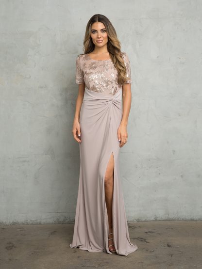3439 | Short Sleeve MOB Sequined Lace and Jersey Gown