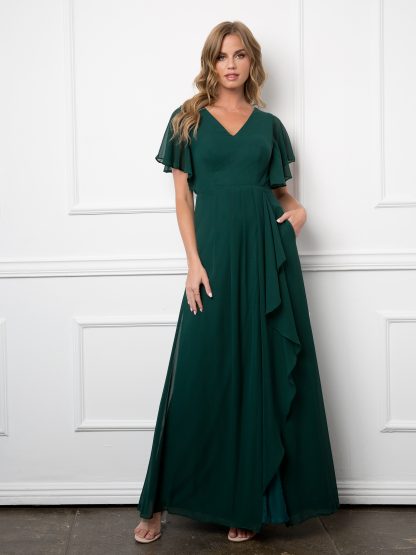 3442 - Ruffle Sleeve Chiffon BM Gown With Front Slit And Pockets - Image 3