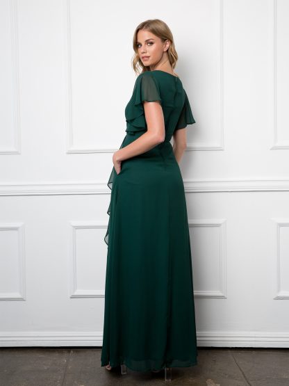 3442 - Ruffle Sleeve Chiffon BM Gown With Front Slit And Pockets - Image 4