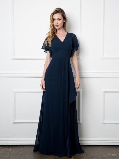 3442 - Ruffle Sleeve Chiffon BM Gown With Front Slit And Pockets - Image 11