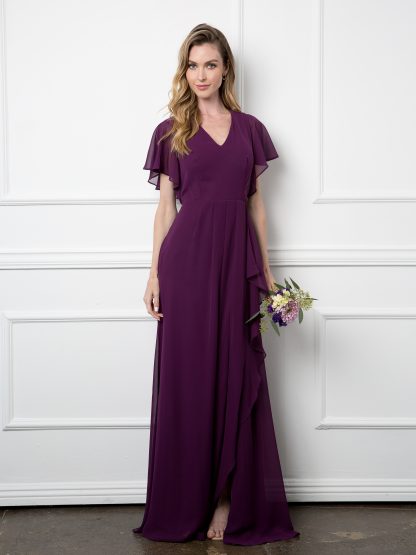 3442 - Ruffle Sleeve Chiffon BM Gown With Front Slit And Pockets - Image 10