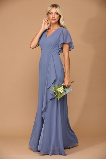 3442 - Ruffle Sleeve Chiffon BM Gown With Front Slit And Pockets - Image 12