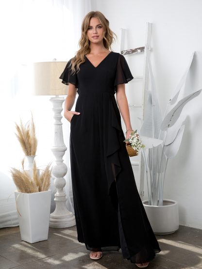 3442 - Ruffle Sleeve Chiffon BM Gown With Front Slit And Pockets - Image 7