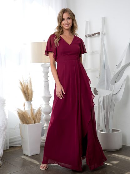3442 - Ruffle Sleeve Chiffon BM Gown With Front Slit And Pockets - Image 5