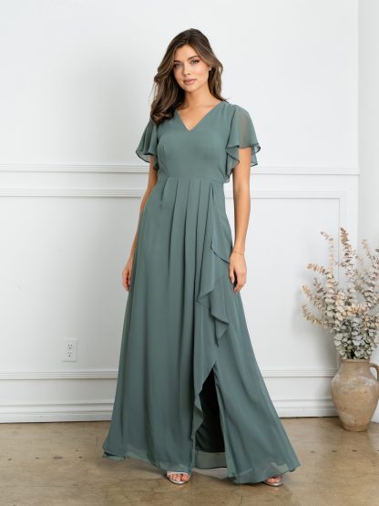 3442 - Ruffle Sleeve Chiffon BM Gown With Front Slit And Pockets - Image 18