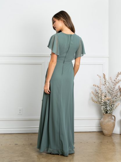 3442 - Ruffle Sleeve Chiffon BM Gown With Front Slit And Pockets - Image 16
