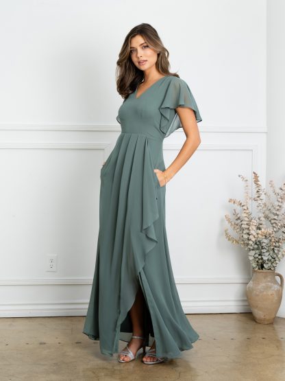 3442 - Ruffle Sleeve Chiffon BM Gown With Front Slit And Pockets - Image 17